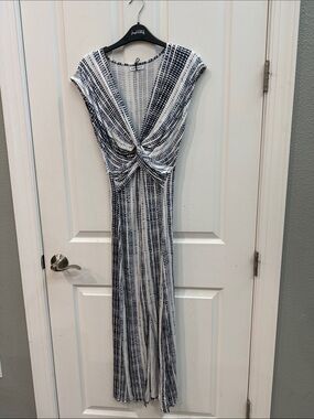 Cap-Sleeve Navy & White Twist-Front Maxi Dress